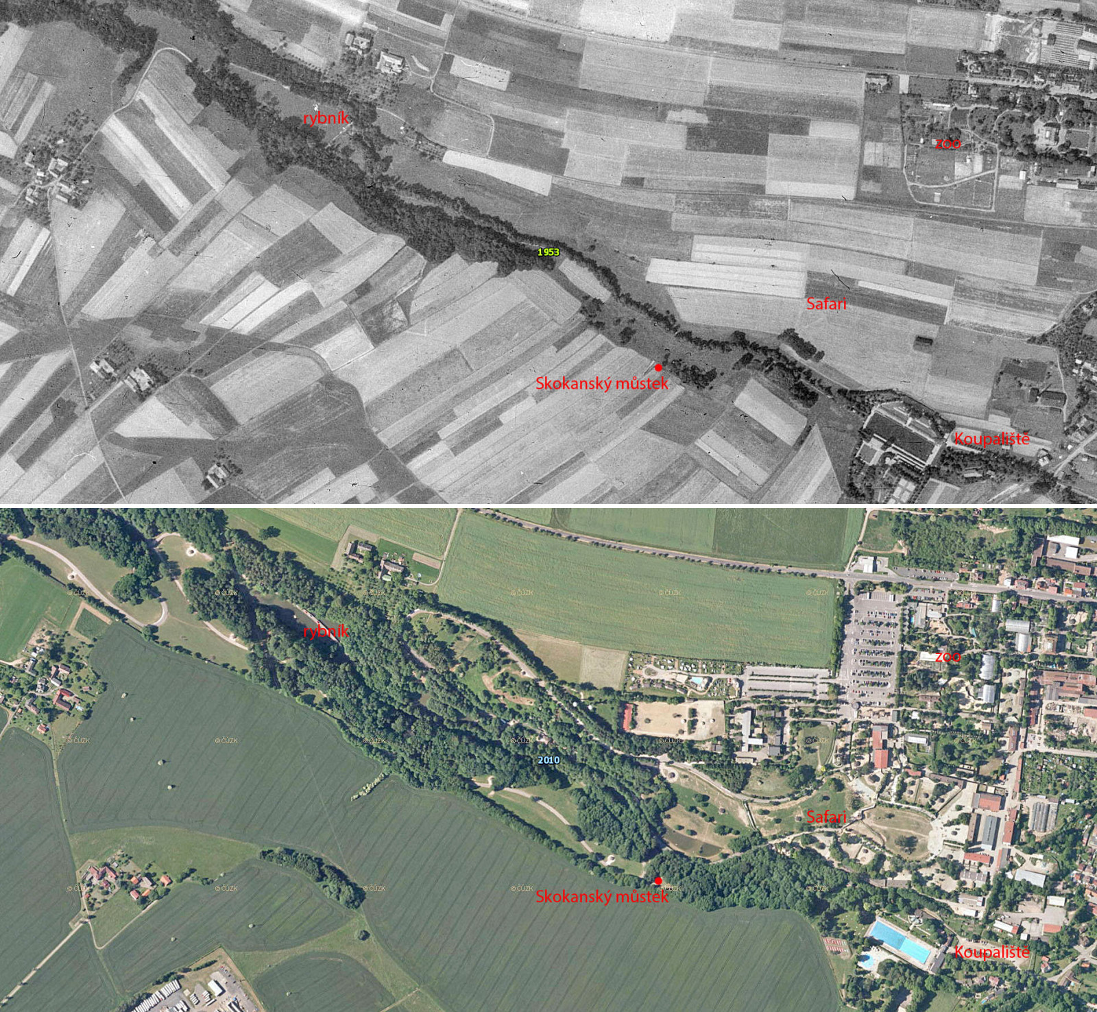 srovn�n� �zem� �dol��ka potoku Net�eba v roce 1953 a v roce 2010.